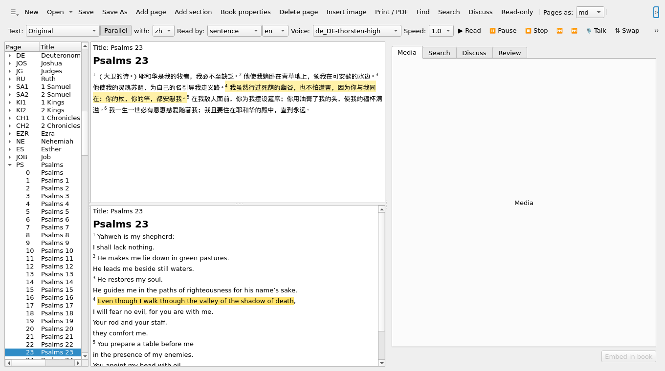 English and Chinese shown in parallel, the verse being read highlighted in both