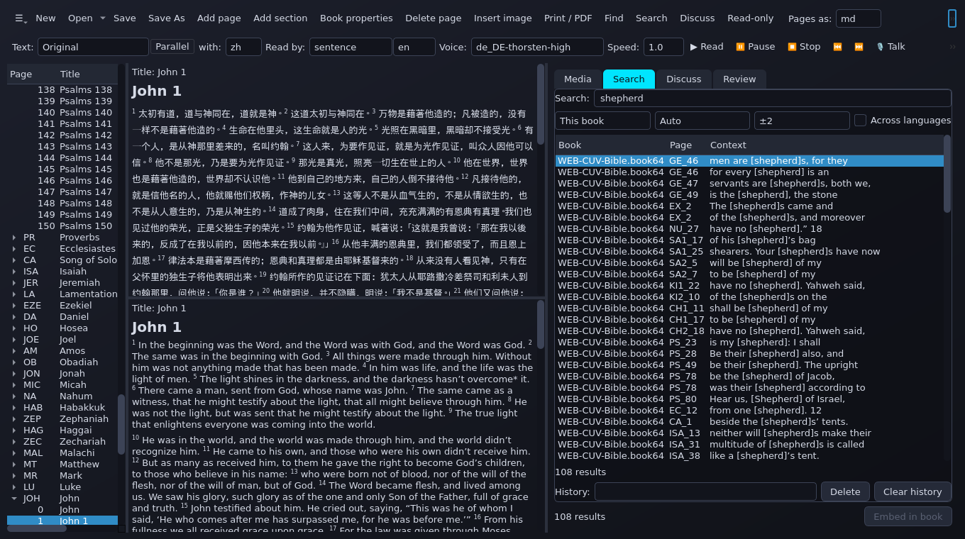 The reader in a dark theme