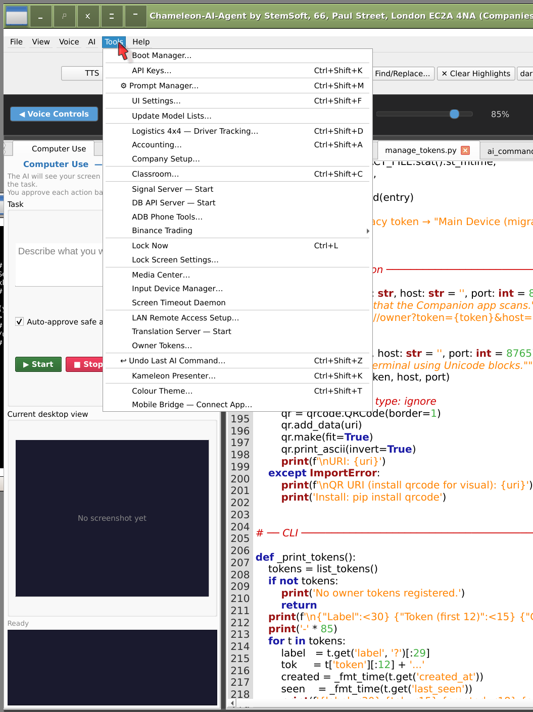 AI IDE terminal and command log