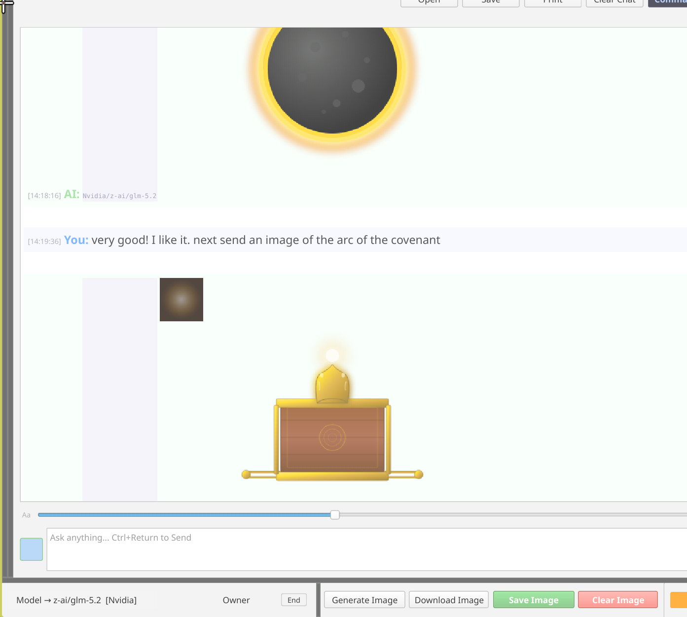 Chameleon AI IDE chat — a solar eclipse and the Ark of the Covenant drawn by the AI as SVG