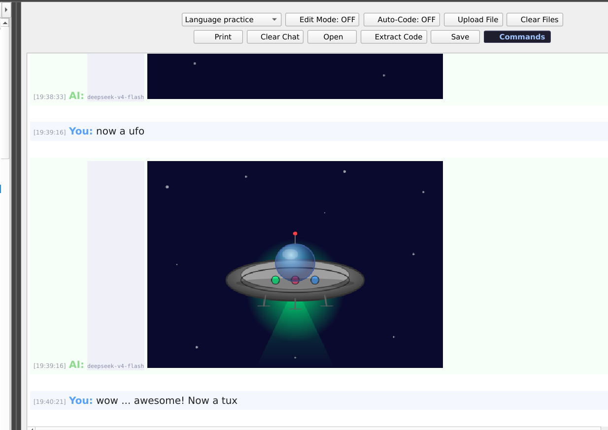 Chameleon AI IDE chat — the AI answers 'now a UFO' with a UFO it drew as SVG, shown as an image in the chat