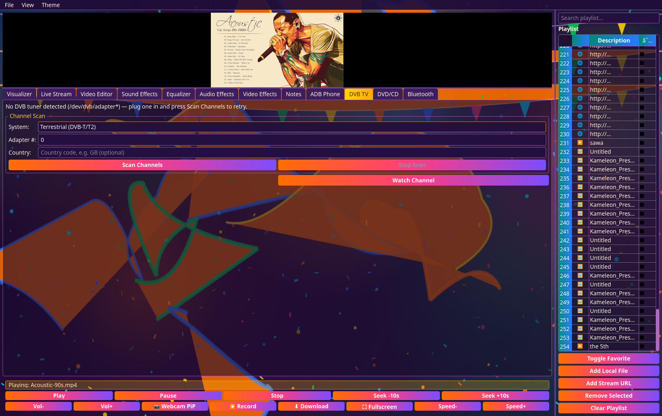 Chameleon Media Center — DVB TV channel scan tab