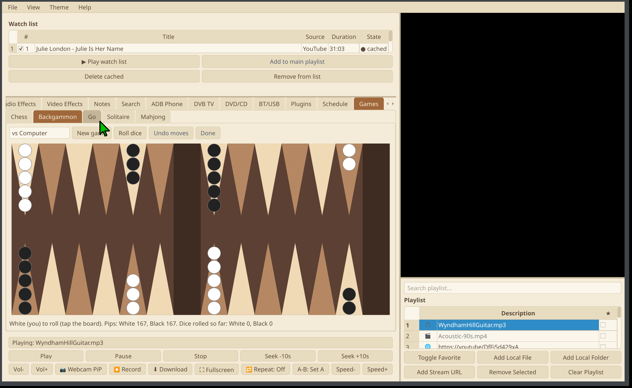 Chameleon Media Center — Backgammon against the computer, with pip counts and dice totals