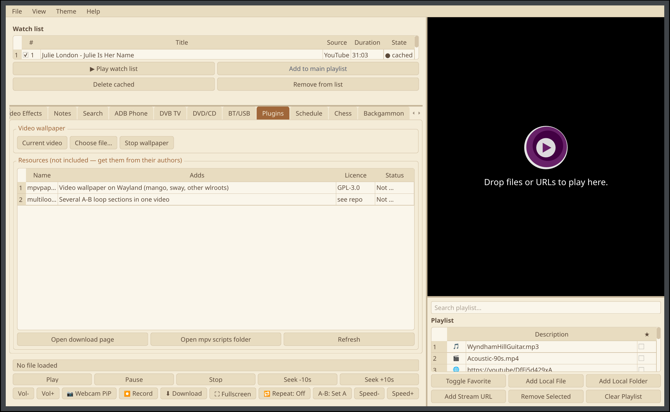 Chameleon Media Center — Plugins tab: video wallpaper controls and a list of optional third-party extras with licence and status
