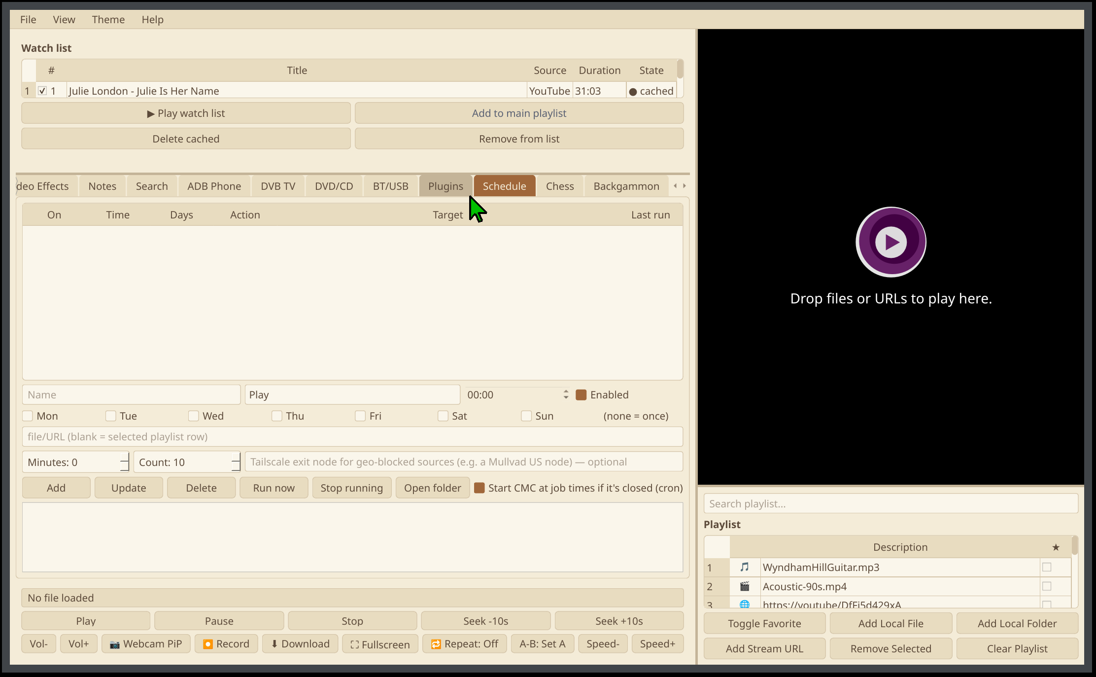 Chameleon Media Center — Schedule tab: jobs with time, days, action and target, and the option to start CMC at job times