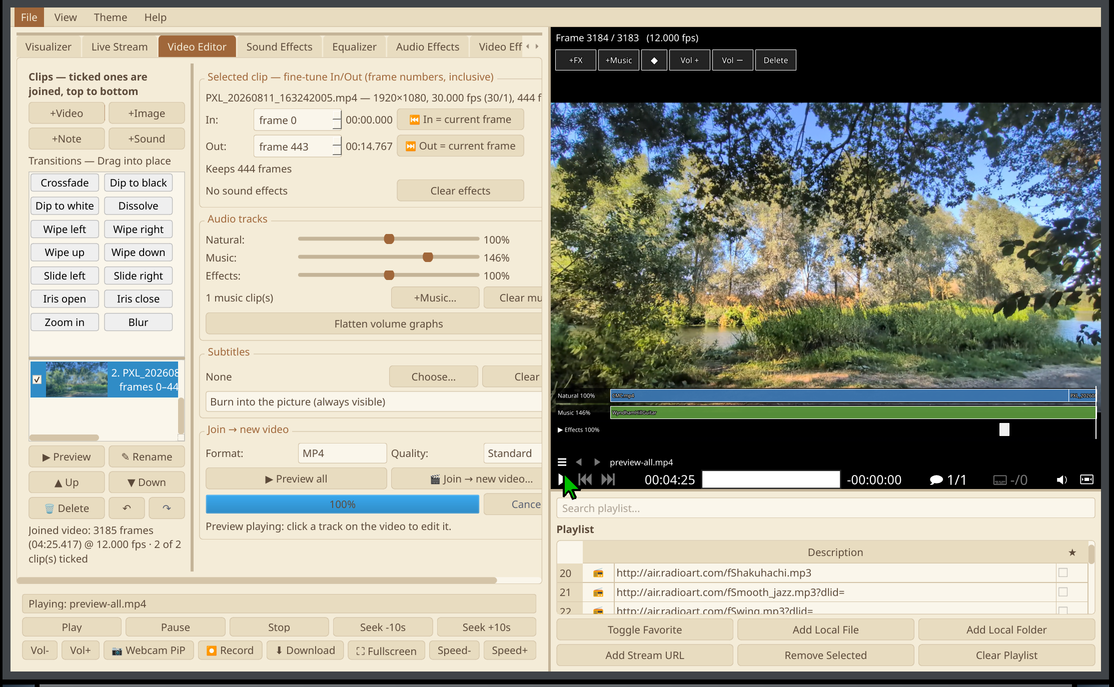 Chameleon Media Center — Video Editor: clips with transitions, In/Out frames, three audio tracks with volumes, and the preview with its Natural, Music and Effects lanes