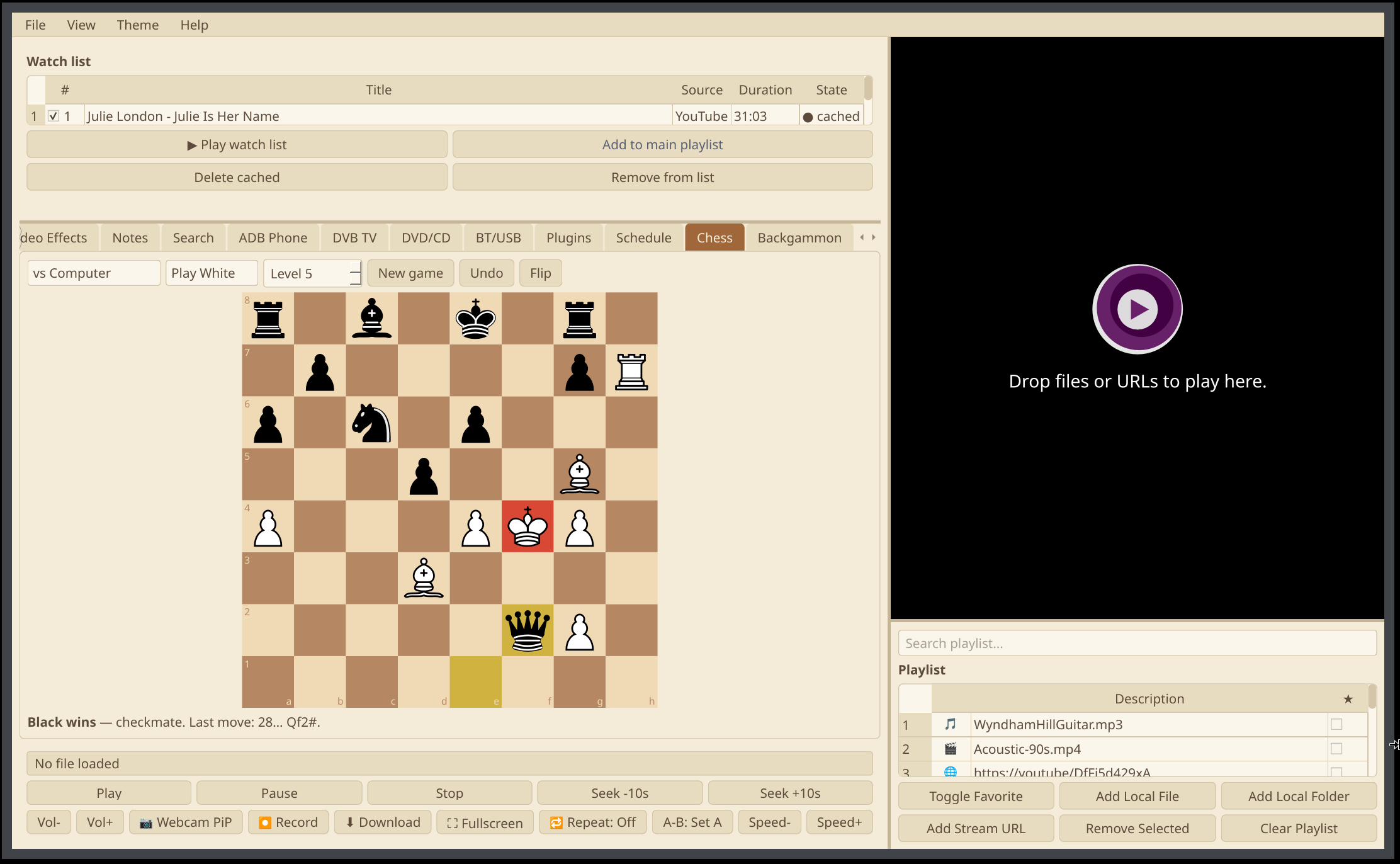 Chameleon Media Center — Chess against the computer, ended in checkmate