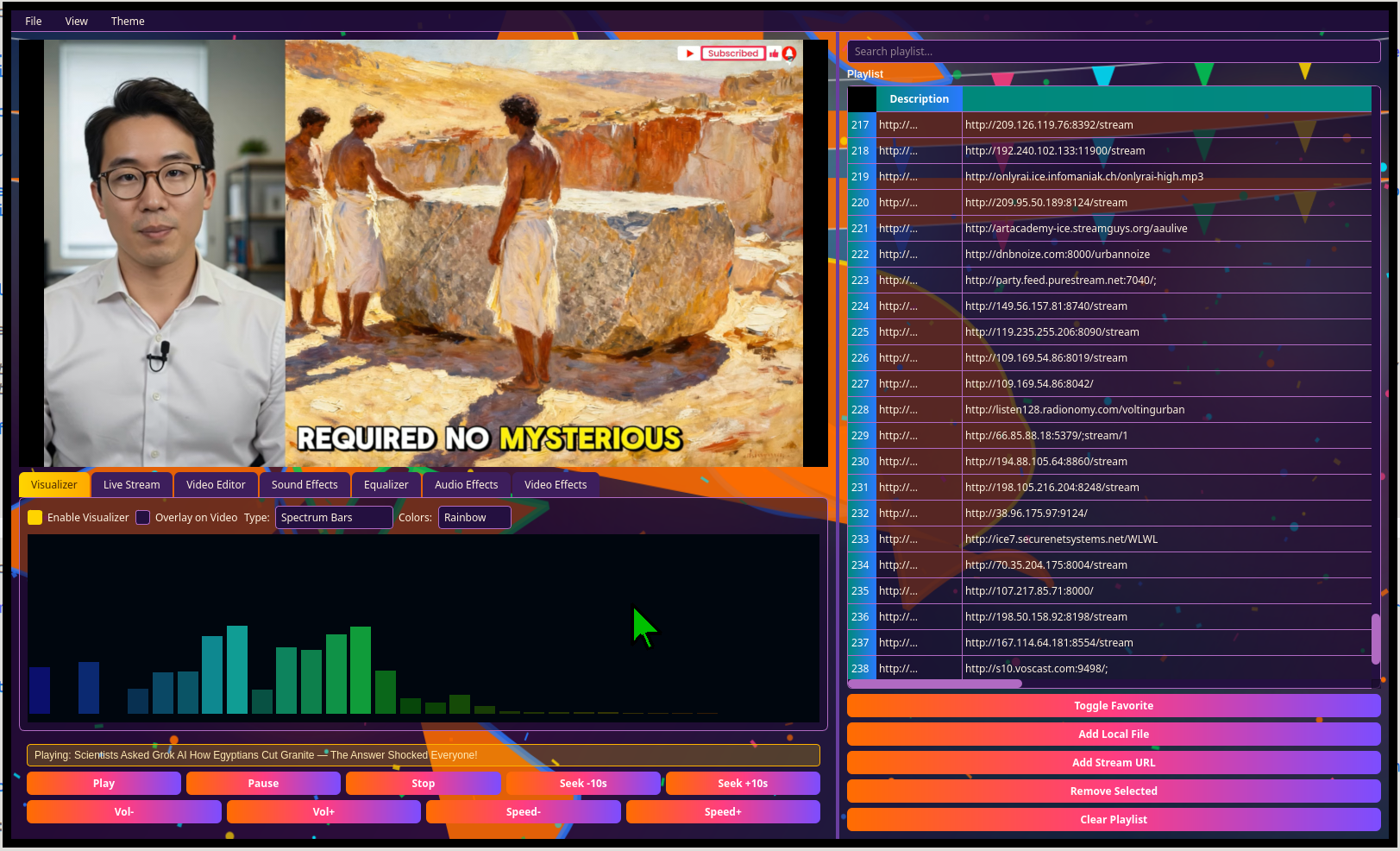 Chameleon Media Center — YouTube playback with a live audio-reactive spectrum visualizer overlay