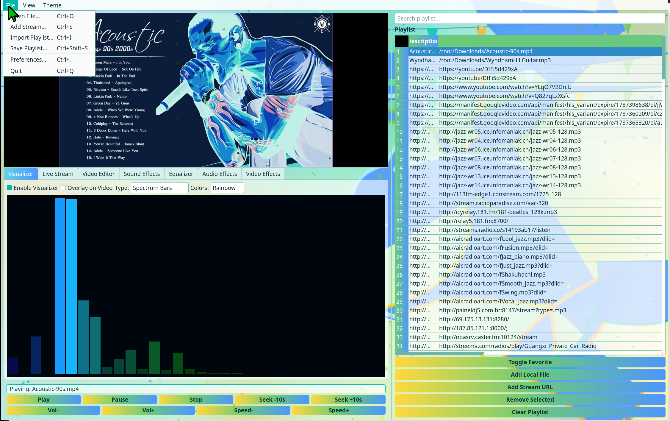 Chameleon Media Center — spectrum visualizer and the File menu, in the pastel skin