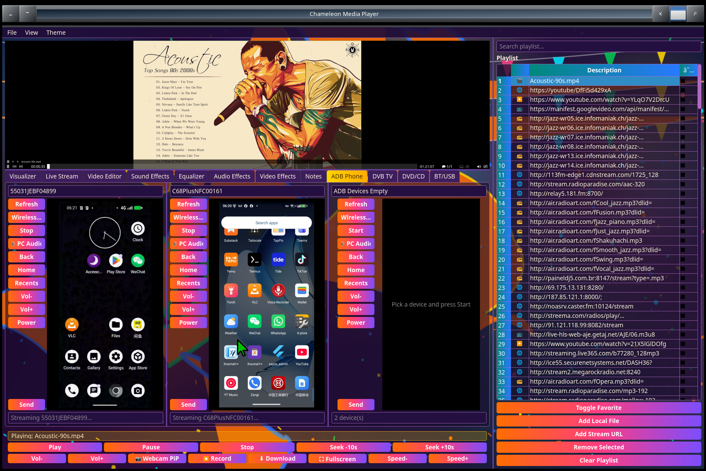 Chameleon Media Center — two Android phones mirrored full-width side by side, one showing its home screen, the other its app drawer