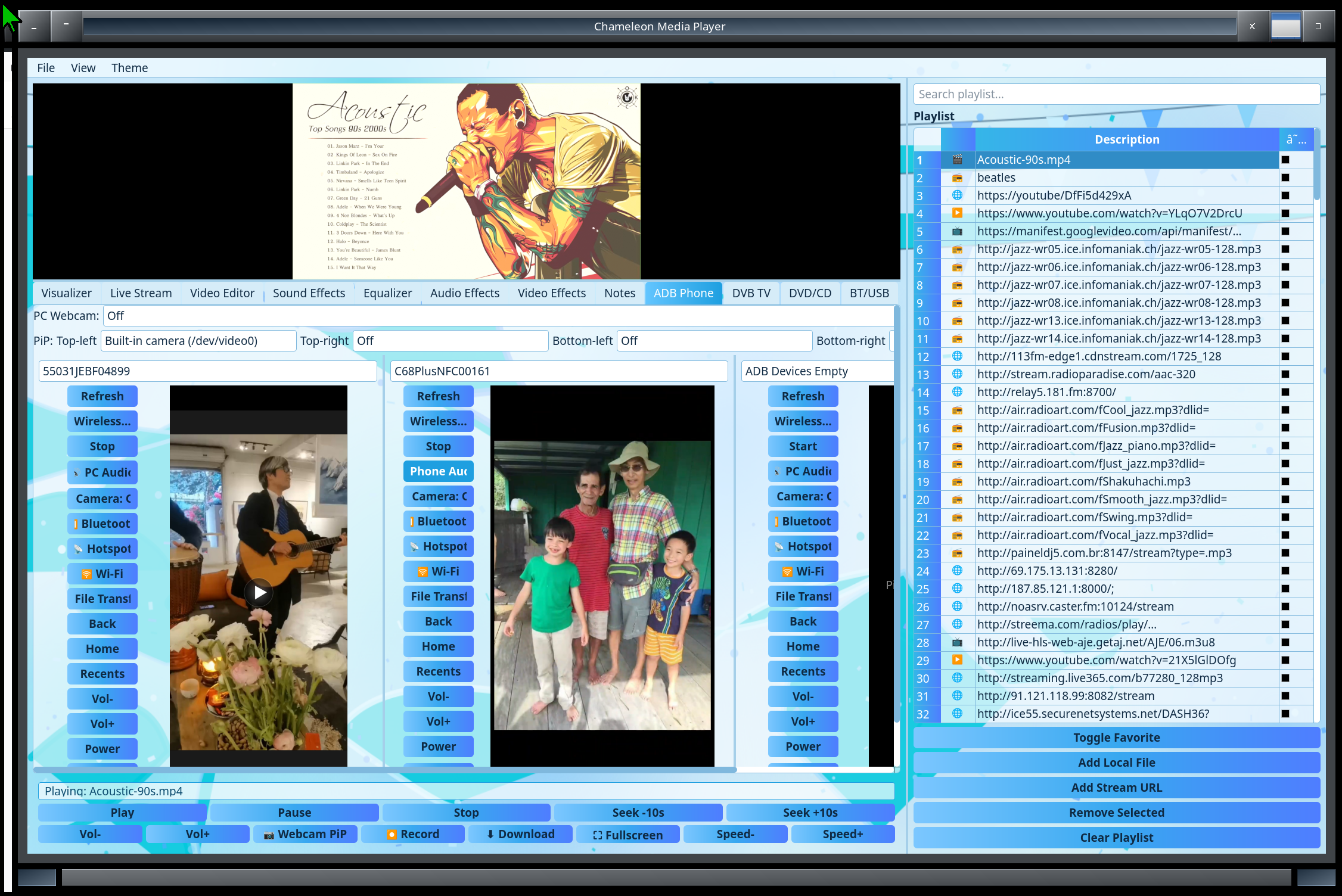 Chameleon Media Center — light theme, video playing at the top left, the ADB Phone tab below with two phones mirrored and a third panel waiting for a device, and the playlist on the right