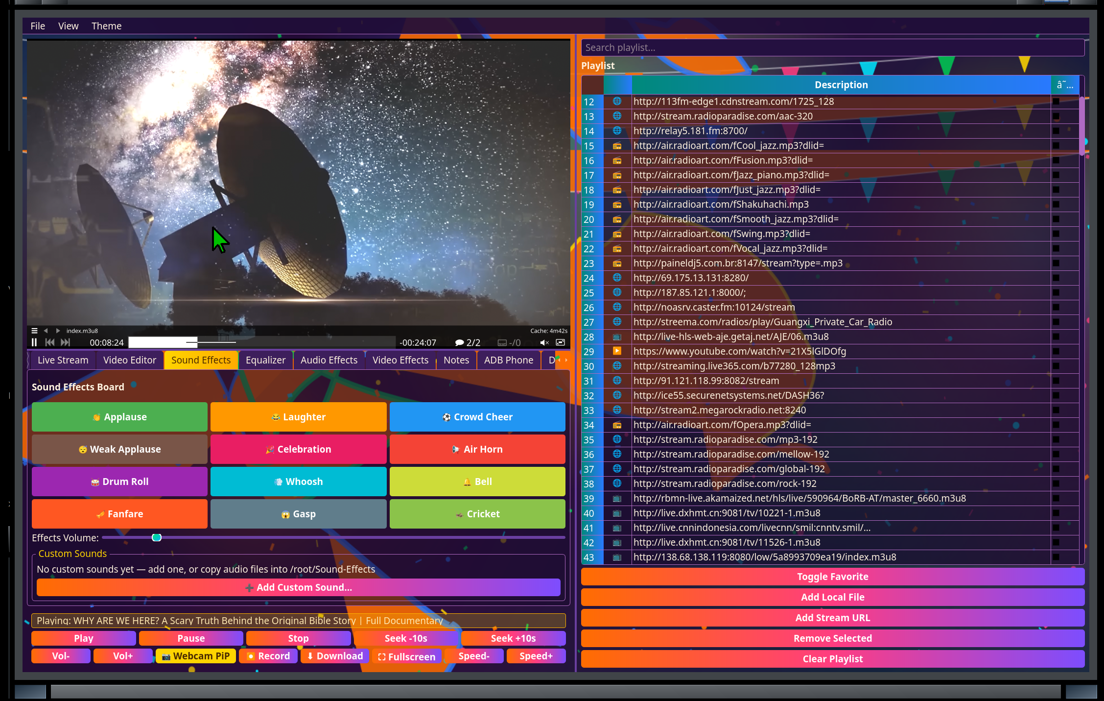 Chameleon Media Center — Sound Effects board with twelve one-click cues and custom sounds, over a playing video