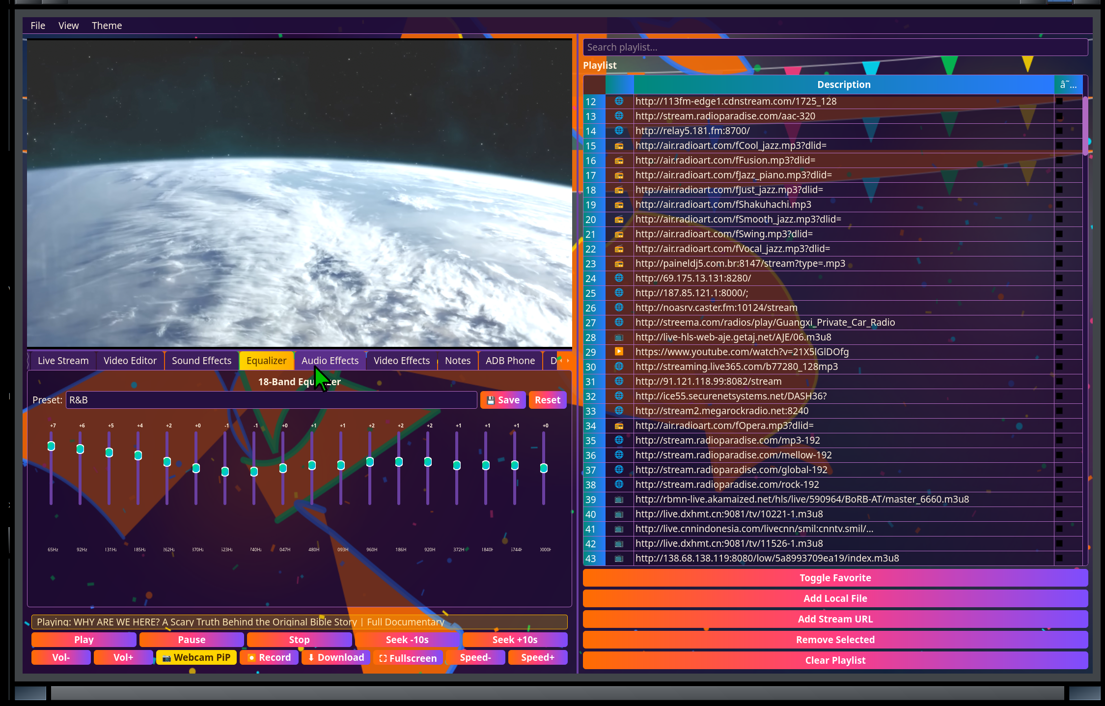 Chameleon Media Center — 18-band equalizer with the R&B preset applied during playback