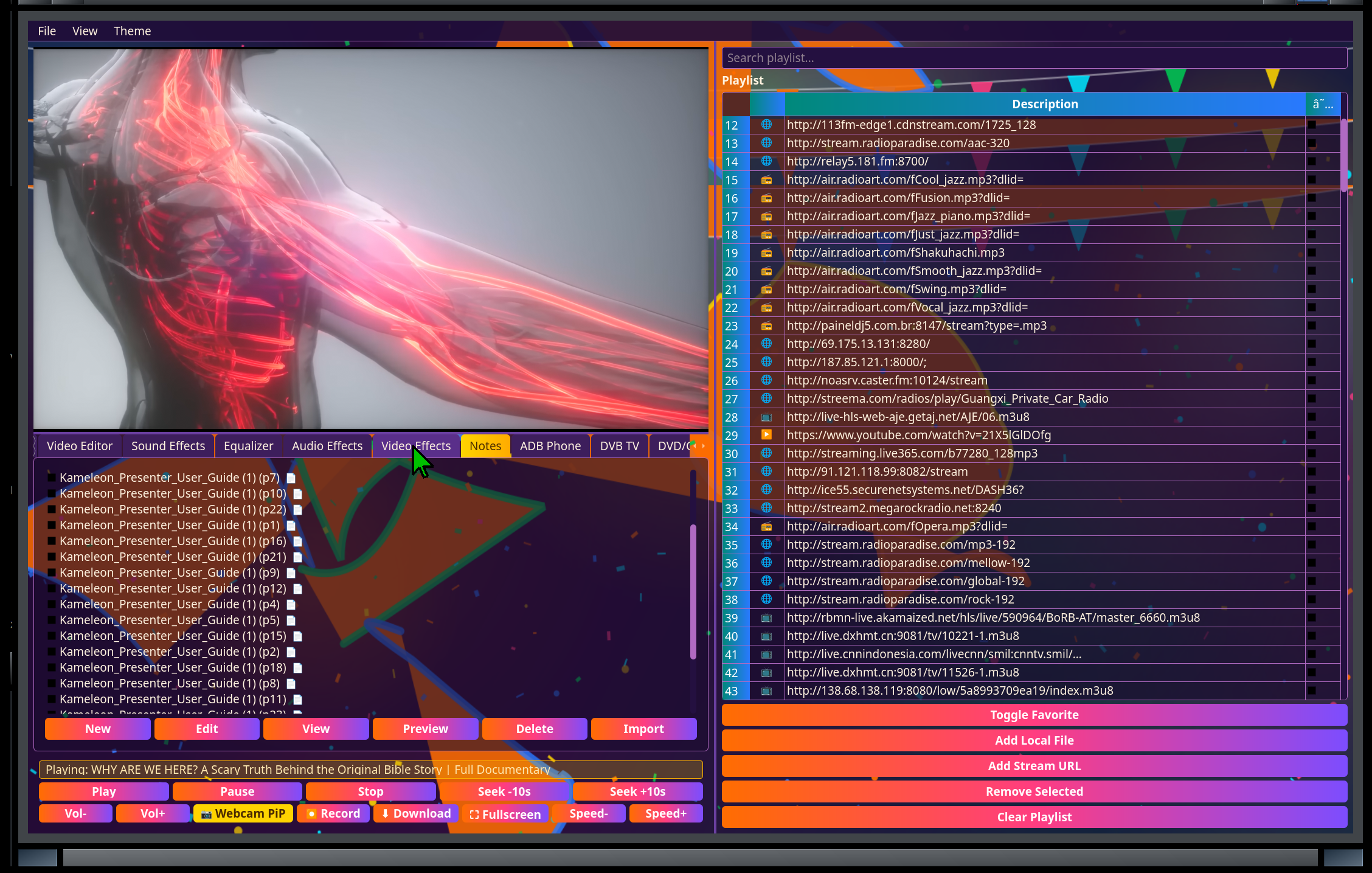Chameleon Media Center — Notes tab listing imported PDF pages beside the playing video