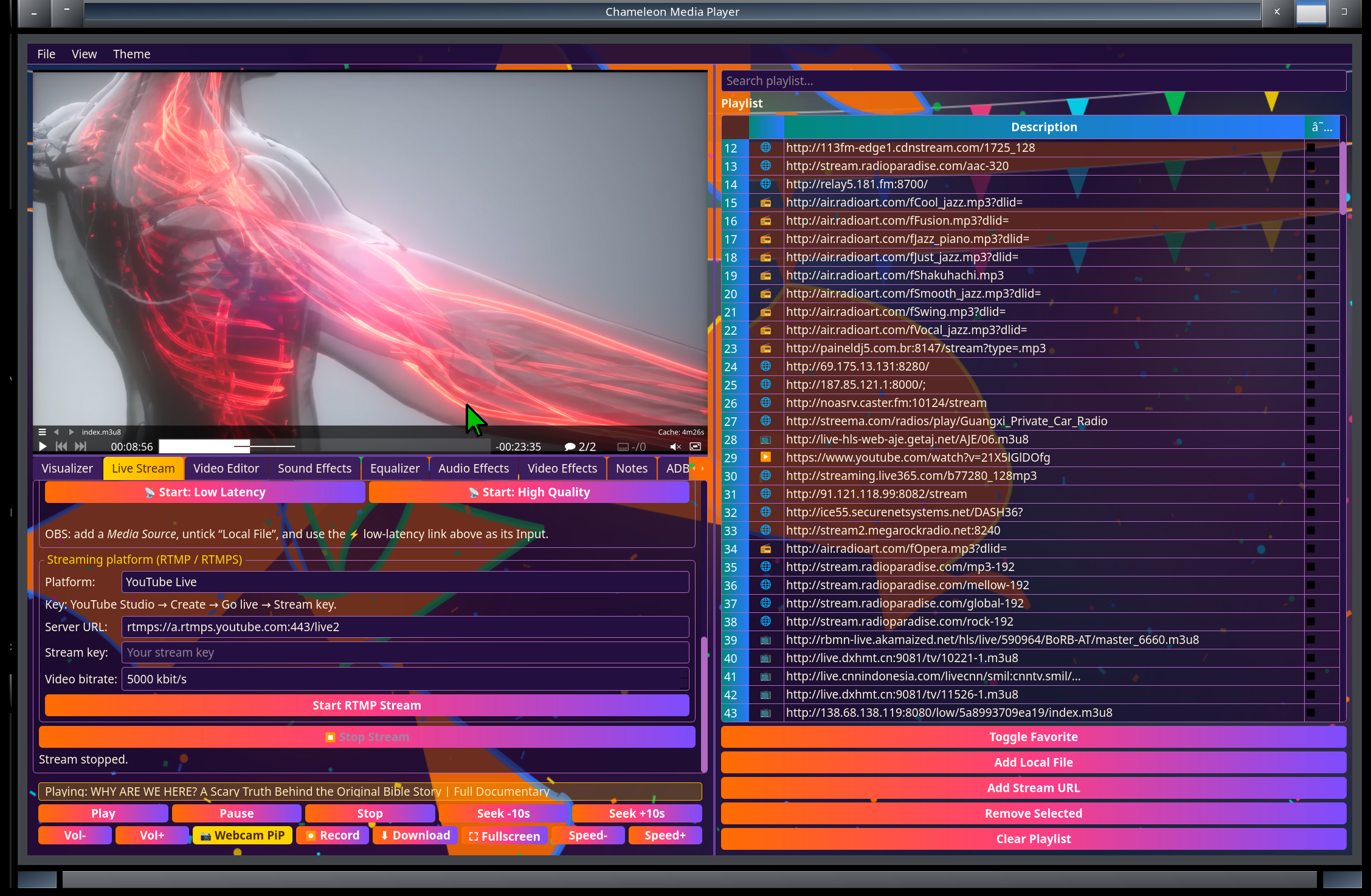 Chameleon Media Center — Live Stream tab set up to push to YouTube Live over RTMPS