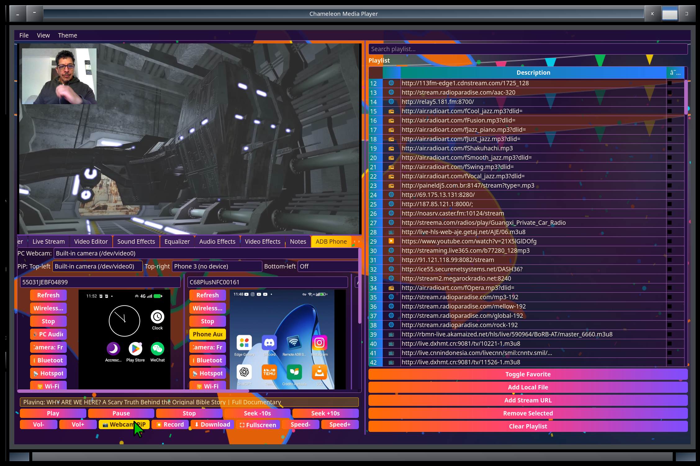 Chameleon Media Center — built-in webcam in a picture-in-picture corner over a playing video, with two phones mirrored below