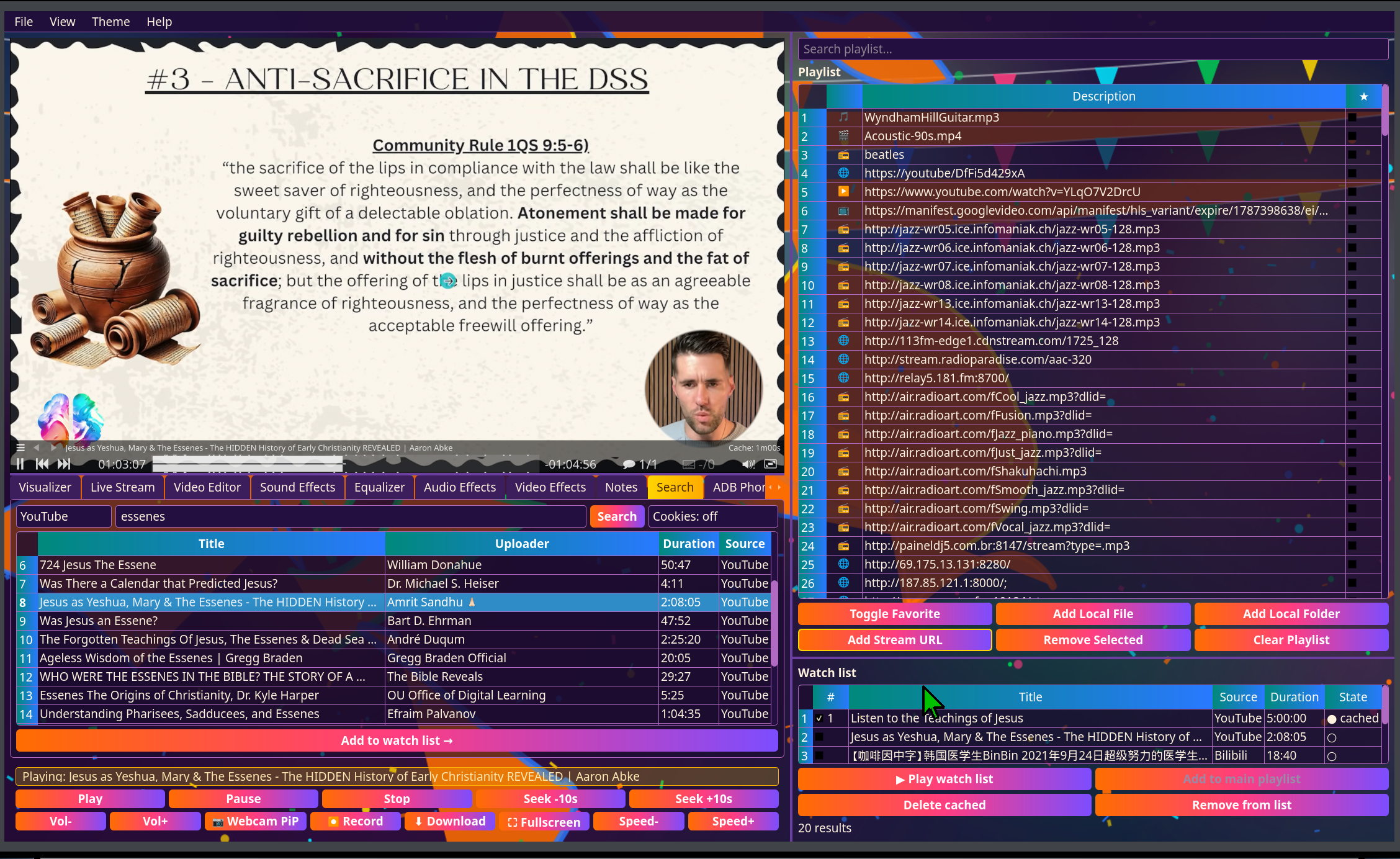 Chameleon Media Center — Search tab with YouTube results, a video playing, and the watch list under the playlist showing a cached video