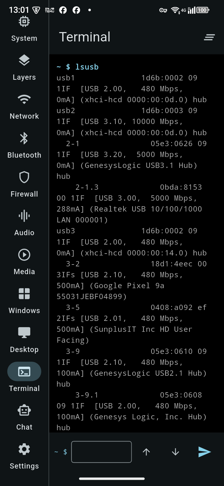 TrXi-Ctrl — Terminal tab running lsusb on the connected Linux desktop