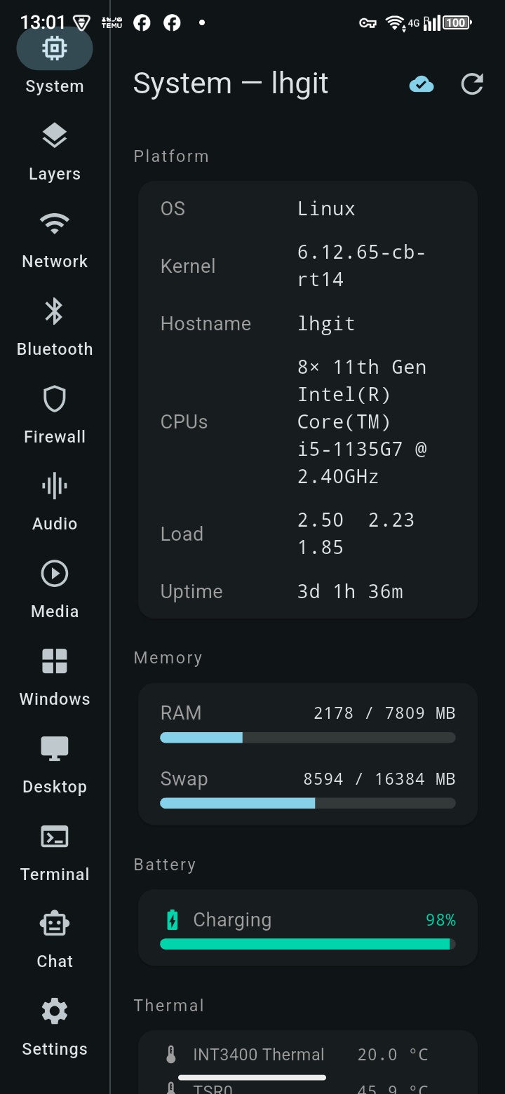 TrXi-Ctrl — System tab showing OS, kernel, CPU, load, memory and battery