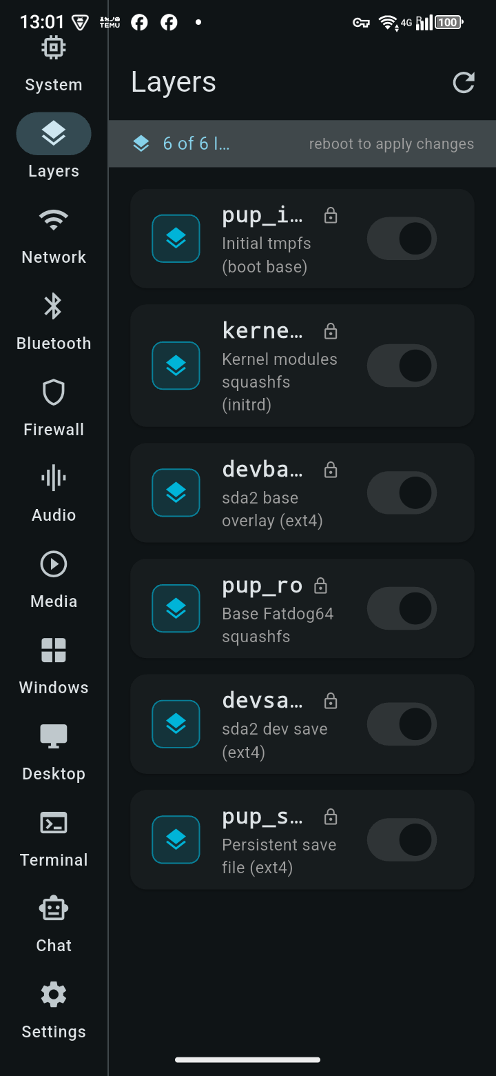 TrXi-Ctrl — Layers tab listing AUFS union-fs branches