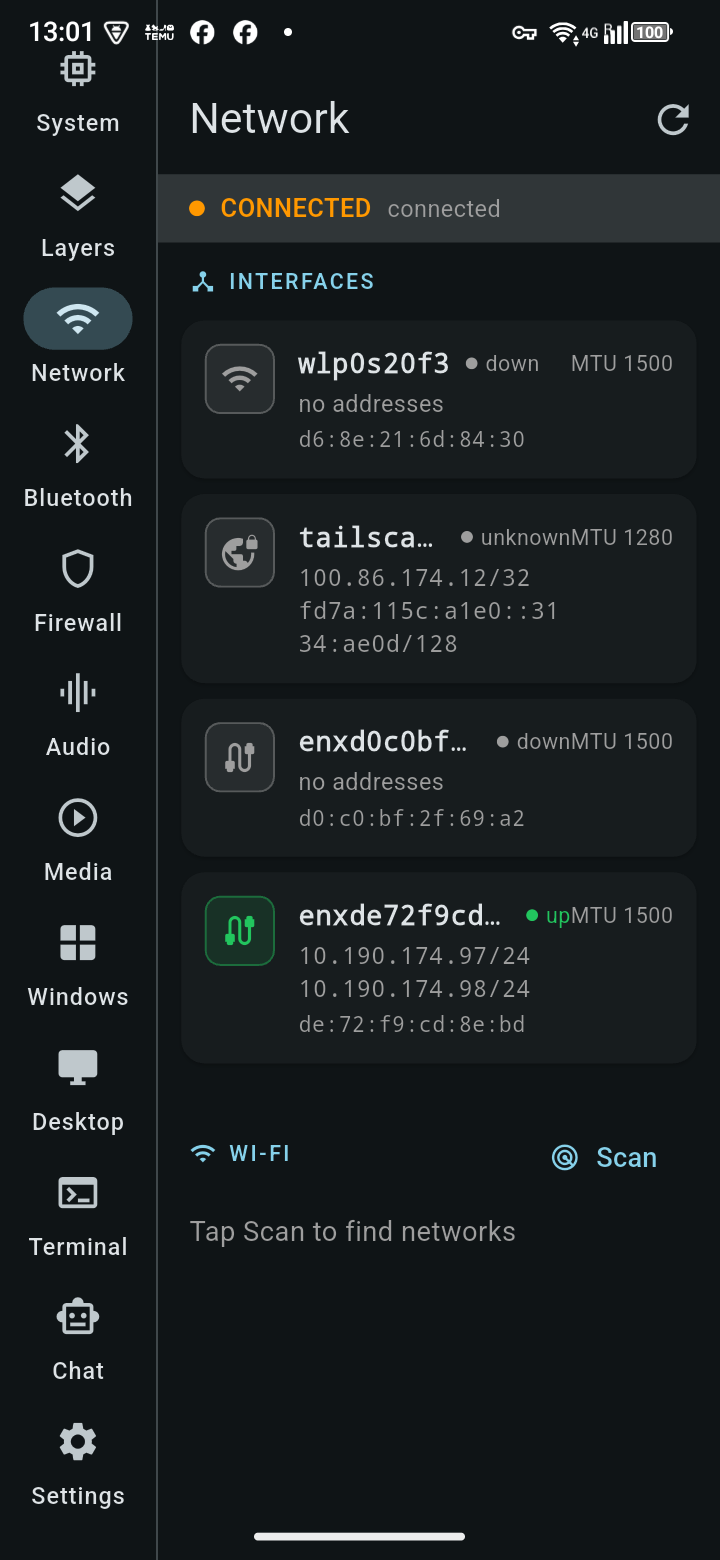 TrXi-Ctrl — Network tab showing interfaces including a Tailscale address