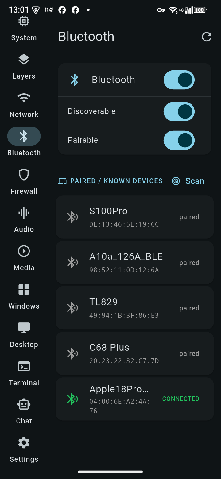 TrXi-Ctrl — Bluetooth tab with paired devices and discoverable/pairable toggles