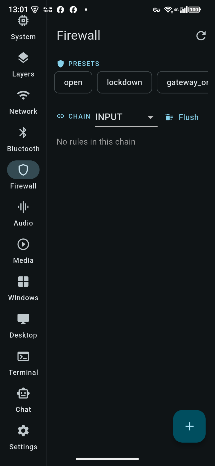 TrXi-Ctrl — Firewall tab with iptables chain and presets