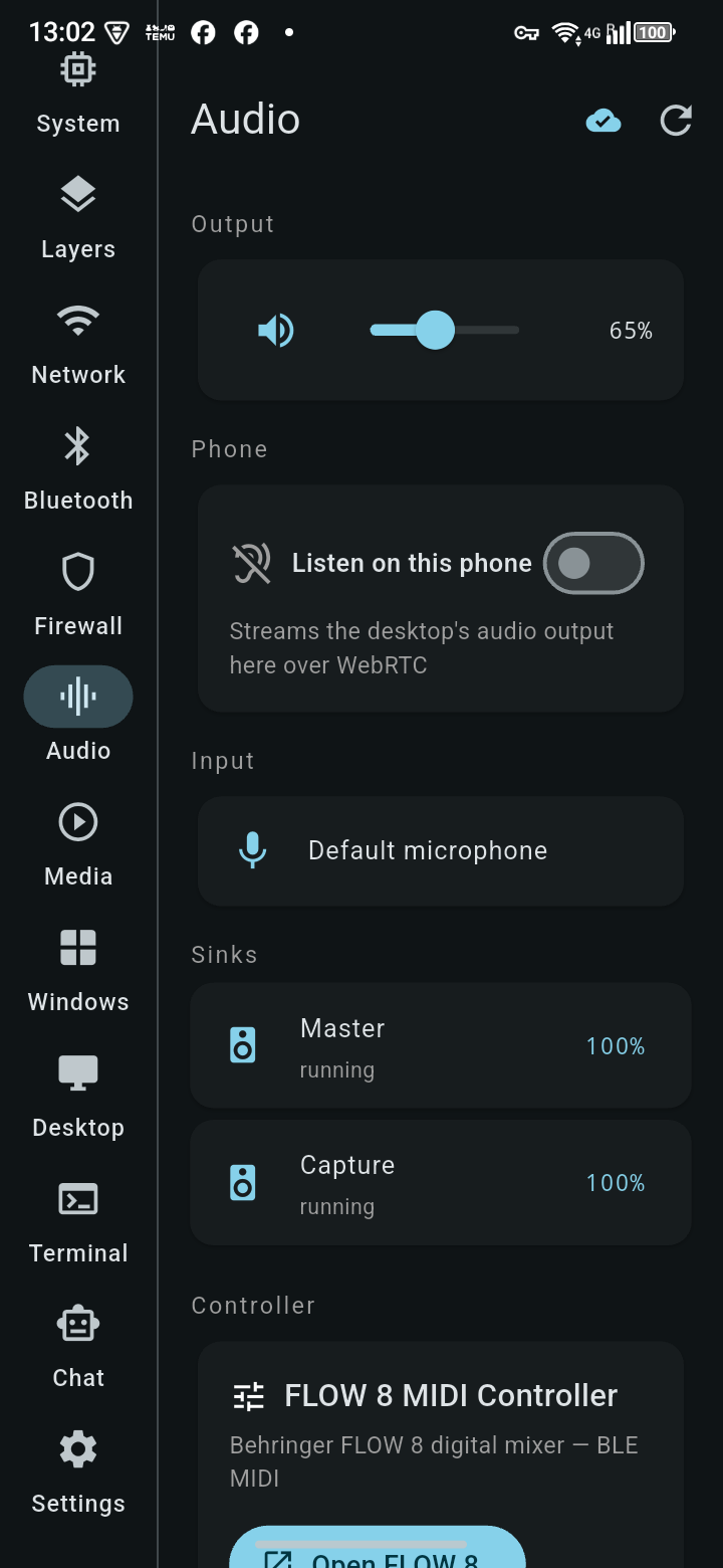 TrXi-Ctrl — Audio tab with output volume, sinks and a Bluetooth MIDI controller