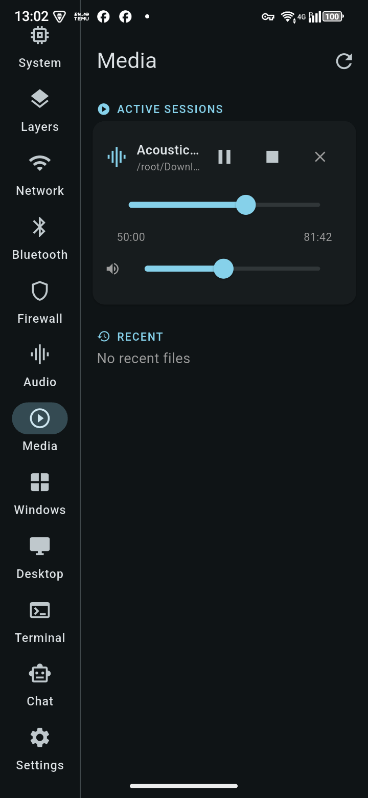 TrXi-Ctrl — Media tab controlling an active Chameleon Media Center session in real time
