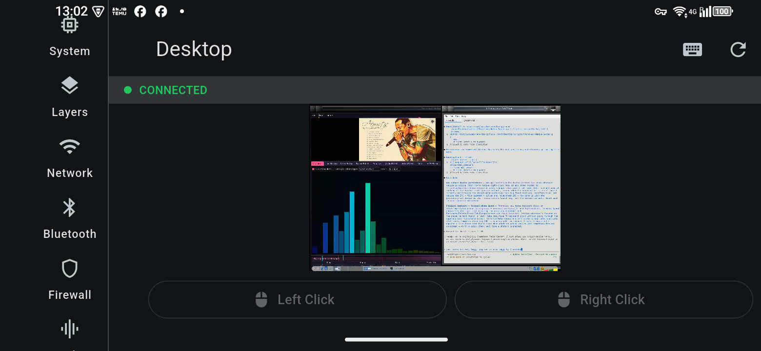 TrXi-Ctrl — Desktop tab, full remote screen share with left/right click