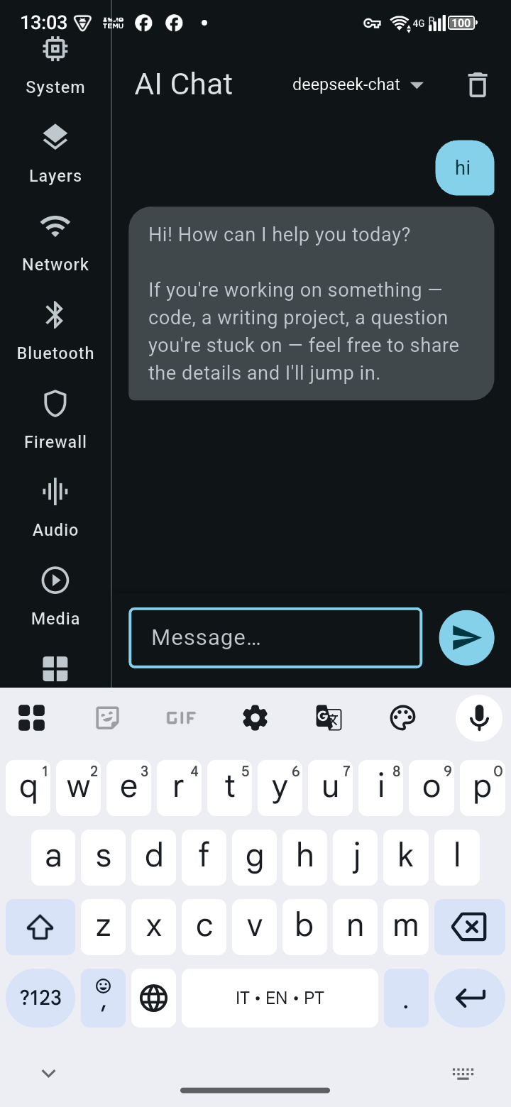 TrXi-Ctrl — AI Chat tab talking to a configured provider