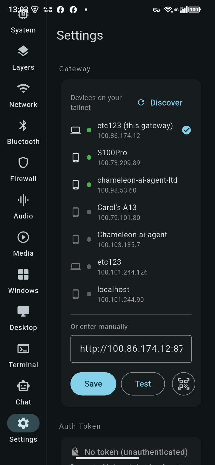 TrXi-Ctrl — Settings tab discovering gateways on the Tailscale network