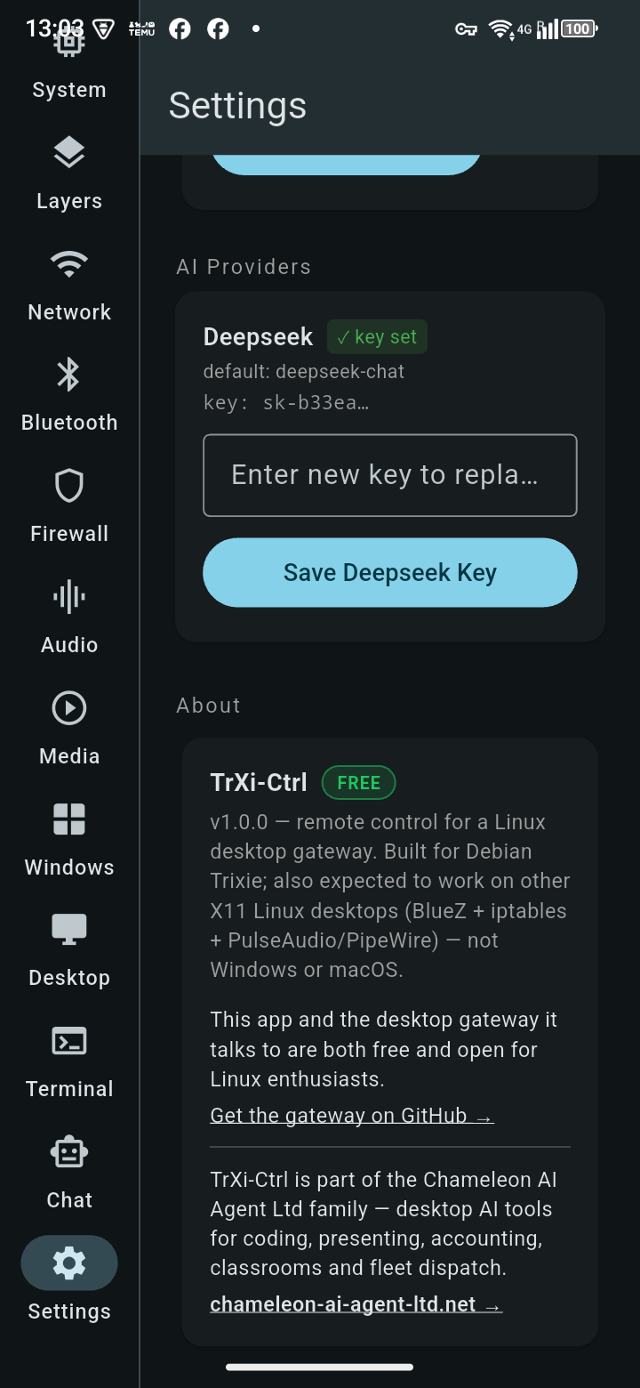 TrXi-Ctrl — Settings tab with an AI provider key configured and app info